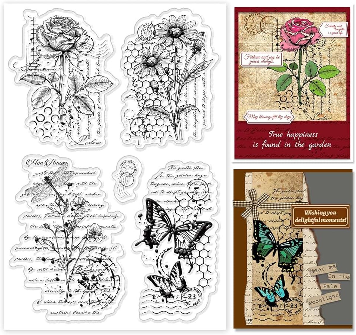 Vintage bloemen transparante stempels voor doe-het-zelf 1x2 retro roze heldere siliconen stempel libelle rubberen stempel vintage vlinder transparante stempel voor het maken van kaarten