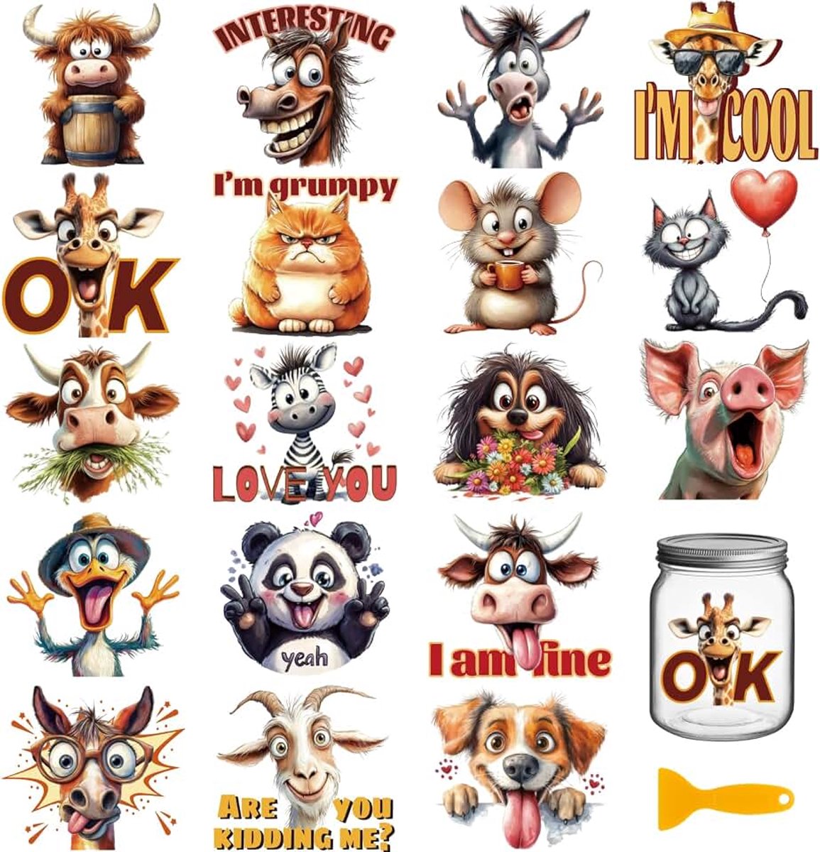 18 vellen grappige dieren transfer stickers 9,9 x 9,1 cm domme dieren stickers sarcasme wrijven op overdracht voor meubels vaas glas metselaar pot decoraties kunst ambachten