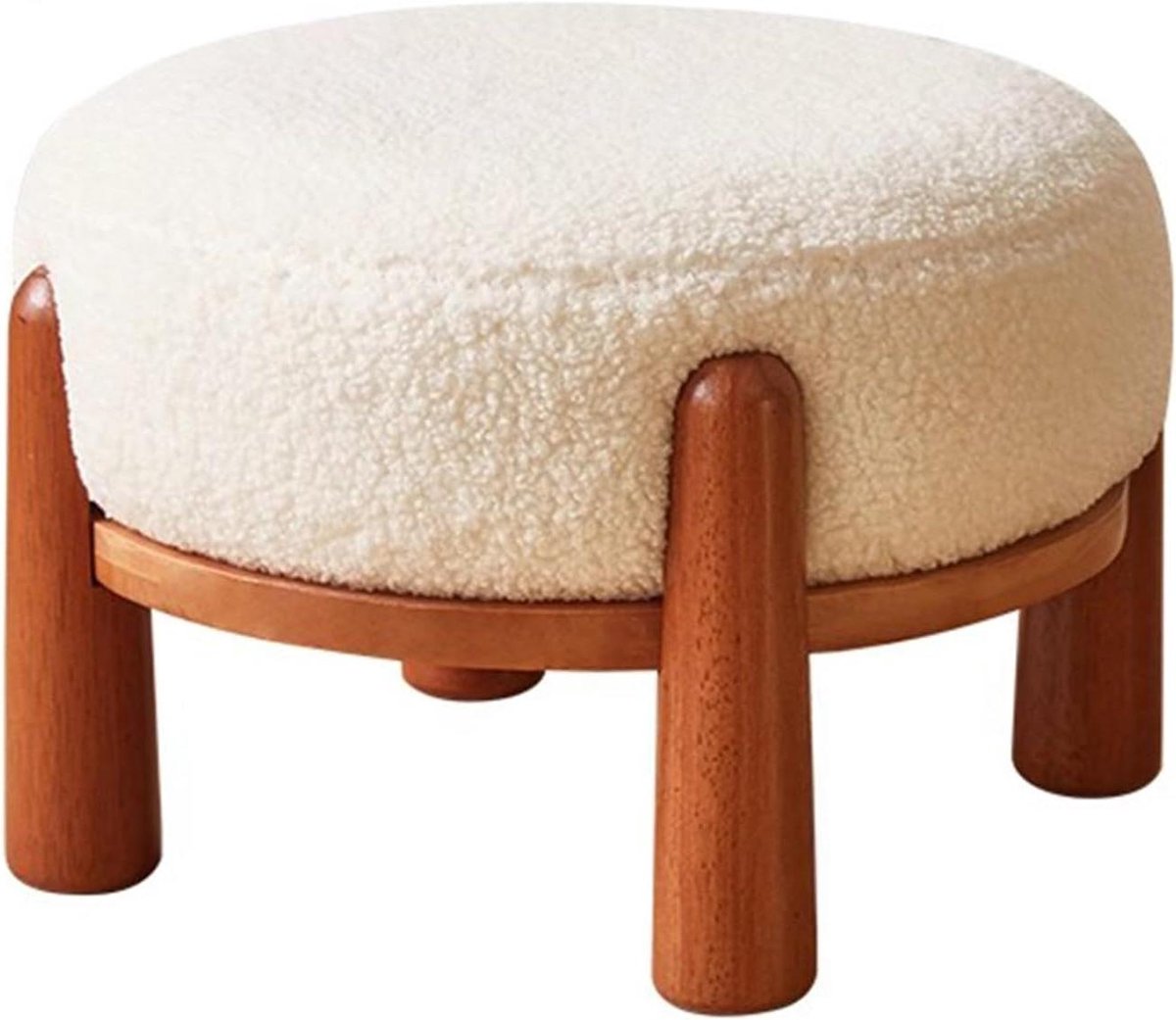 Ronde Poef - Voetenbankje Kruk - Ontspannen Zitten - Stevige Houten Poten - 35 x 24 cm - Beige