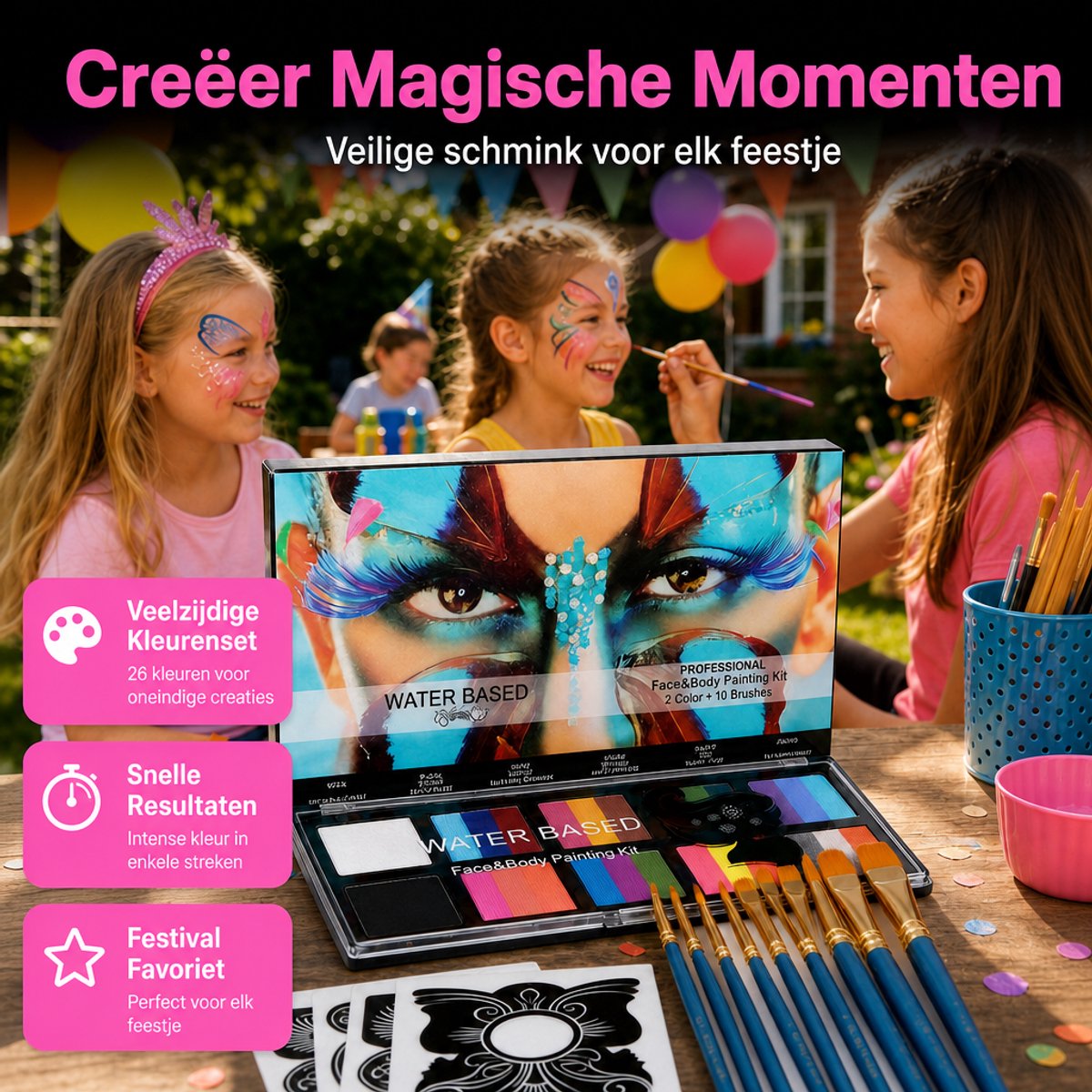Professionele Kinderschmink Set - 26 Kleuren - Waterbasis - Incl. 10 Penselen & Sjablonen - Hét Ideale Koningsdag & Festival Cadeau - Veilig voor Kind & Volwassenen — afbeelding 9