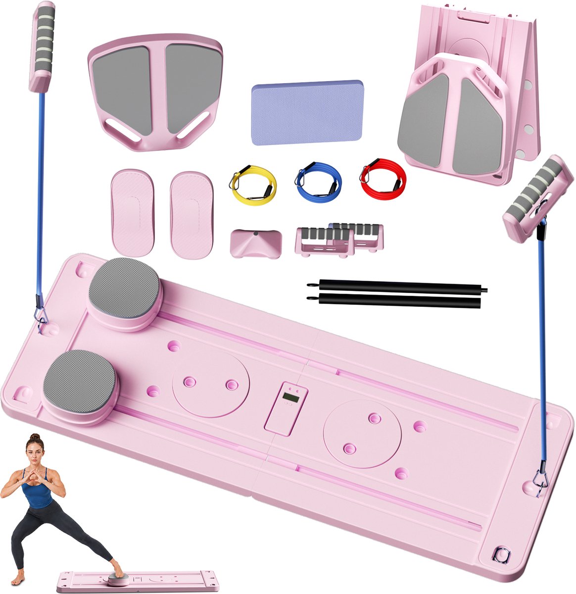 PULSE360 Pilates Reformer Set - 12-in-1 - Inklapbaar Pilates Board - verstelbare weerstand - 20+ accessoires - Max 250kg - Buikspiertrainer - Thuis training - Roze