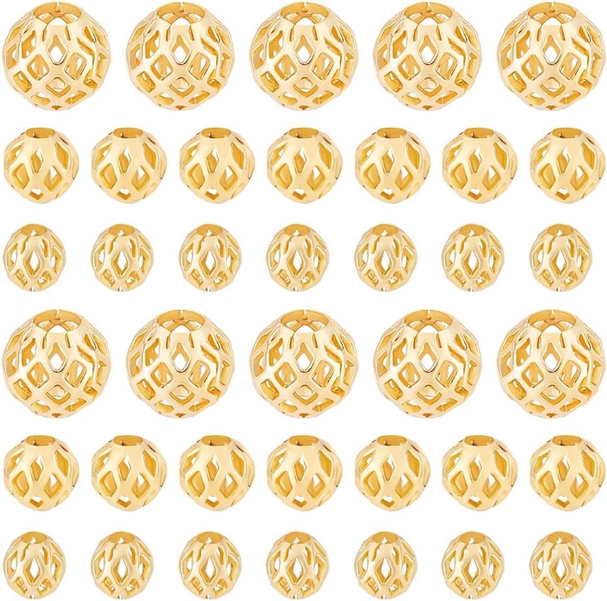 PandaHall 60 stuks 18K vergulde holle kralen 3 stijlen gouden ronde messing kralen 5/6/8 mm filigraan kralen voor doe-het-zelf hanger taille ketting halsketting sieraden