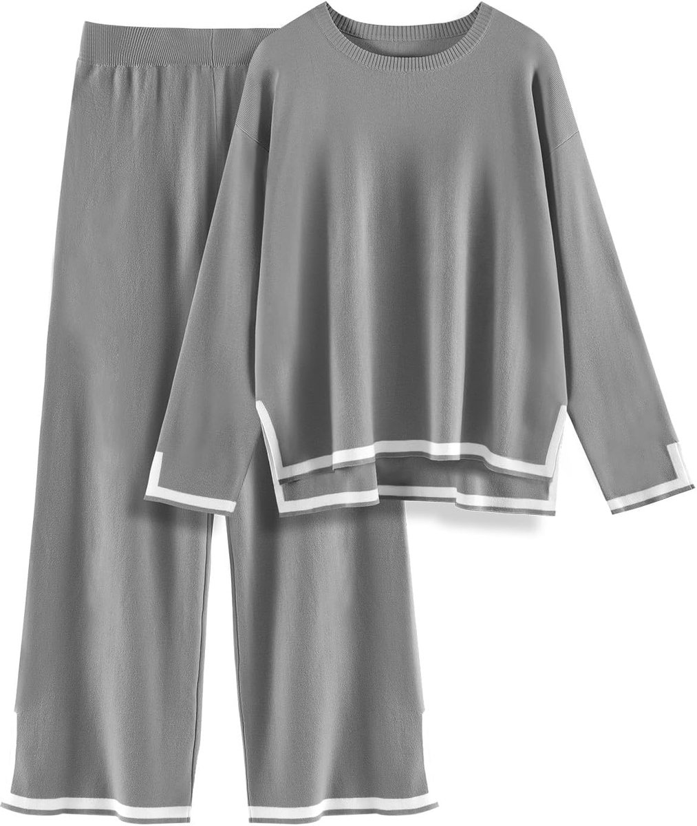 Winterset voor dames, chique en elegant, gebreid, 2-delig, binnen, casual, lang, ademend en comfortabel, tweedelige gebreide top en broek, brede loungeset