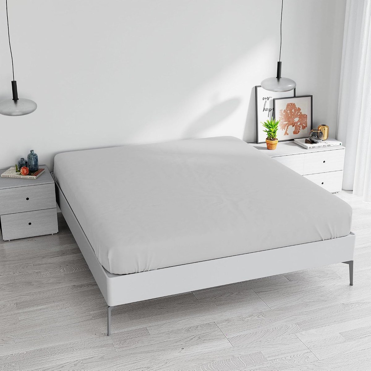 Hoeslaken voor tweepersoonsbed, katoen, gemaakt in Italië, bedlaken met elastiek 25 cm, lichtgrijs