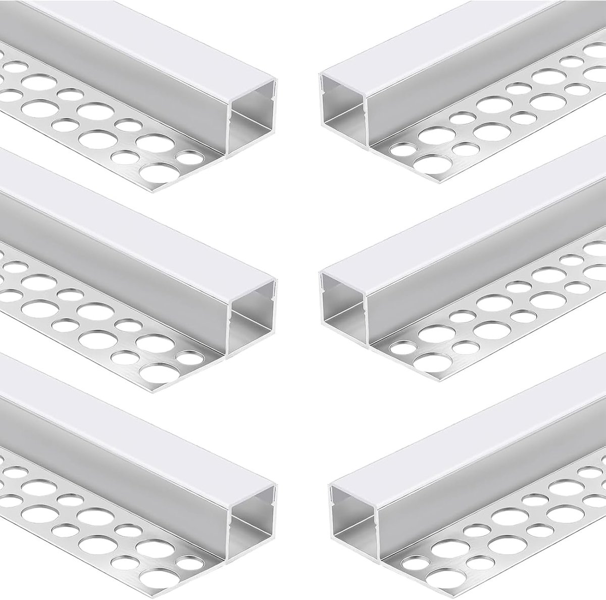 Verpakking van 6 stuks, 1 m, aluminium kanaal met diafragma, melkachtige pc-afdekking, trimless diffuser voor gipsplaat, plafond, muur, plank, hoek, tot 15 mm ledstrips
