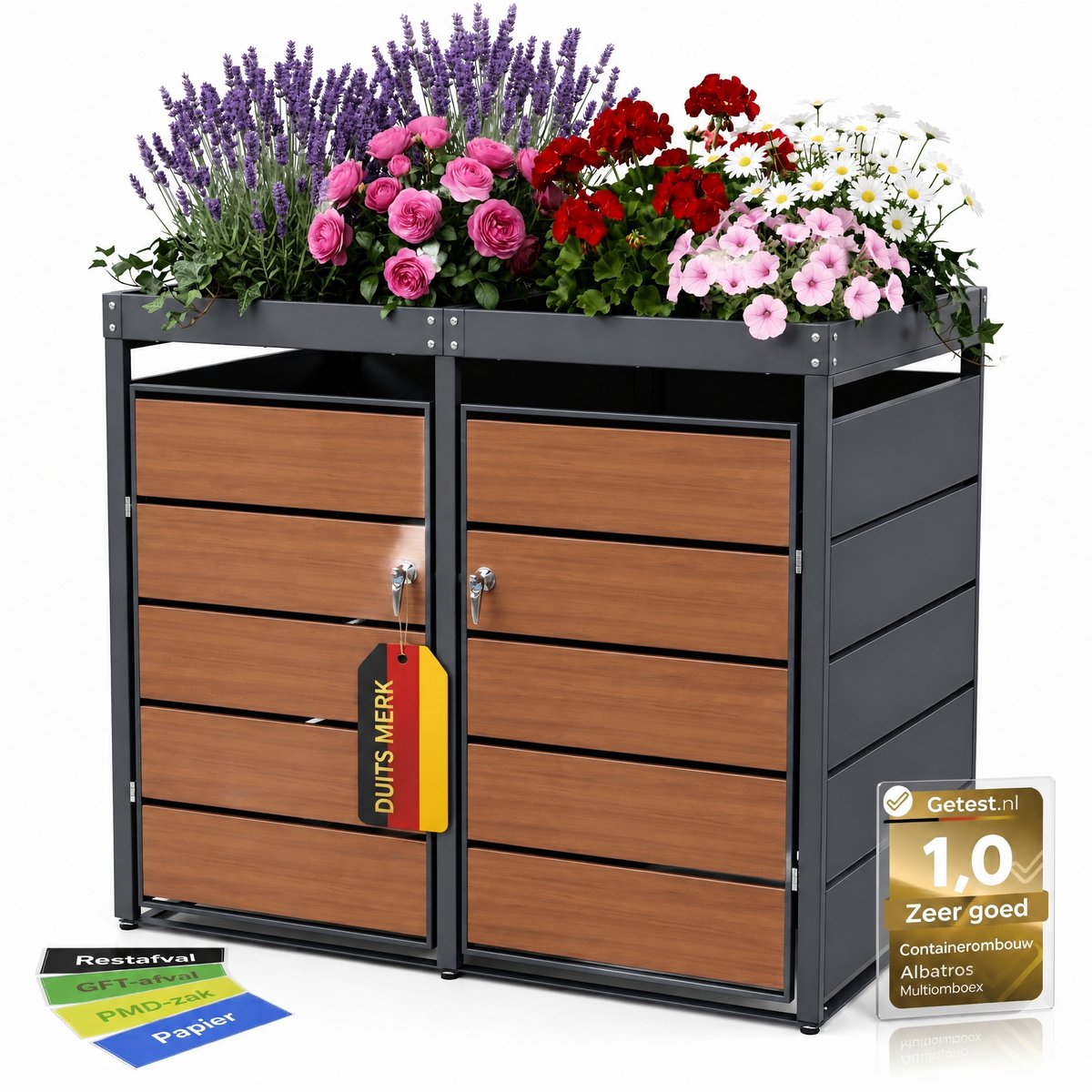 Afvalcontainerbox voor 2 containers, houtlook, met plantenbak, 120 l tot 240 l, voor twee containers, metaal, antracietgrijs RAL 7016, afsluitbaar, weerbestendig, getest volgens ISO 9227, inclusief set stickers