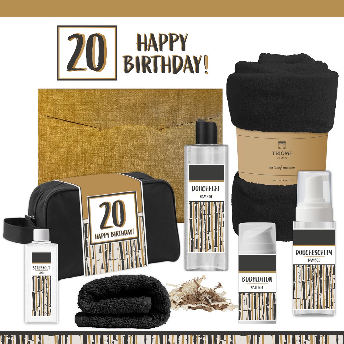 Geschenkset “20 Happy Birthday!” - 7 producten - 1390 gram | Giftset voor hem Vader Papa Twintig jaar Cadeau Luxe Wellness Pakket Man Speciaal Cadeaupakket Doos Handdoeken Fleecedeken Geschenk Cadeaudoos Verjaardag Vriend Gift Set Douche Zwart Goud