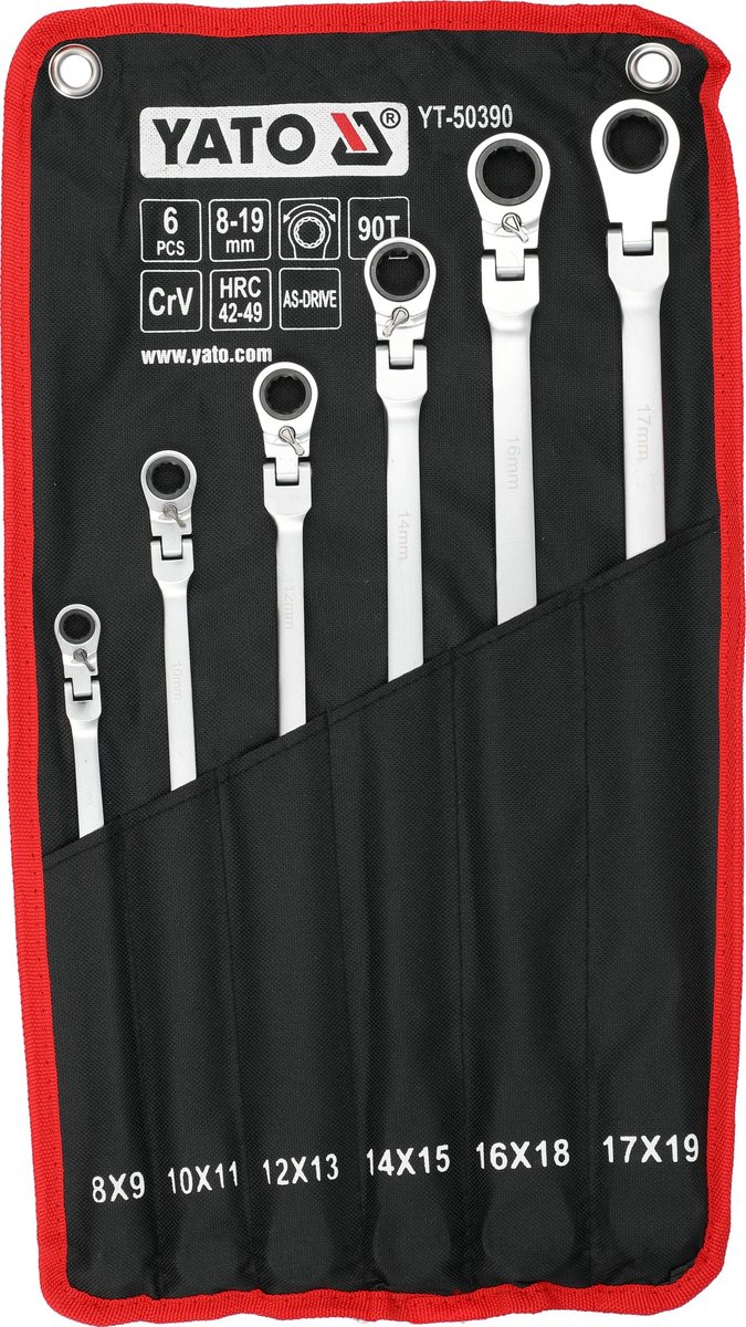 6-Delige Extra Lange Ring-Ratel-Sleutelset met Kantelbare Kop – 90-Tands – Chrome-Vanadium Staal – AS-Drive Profiel – Dubbele Maten 8 t/m 19 mm