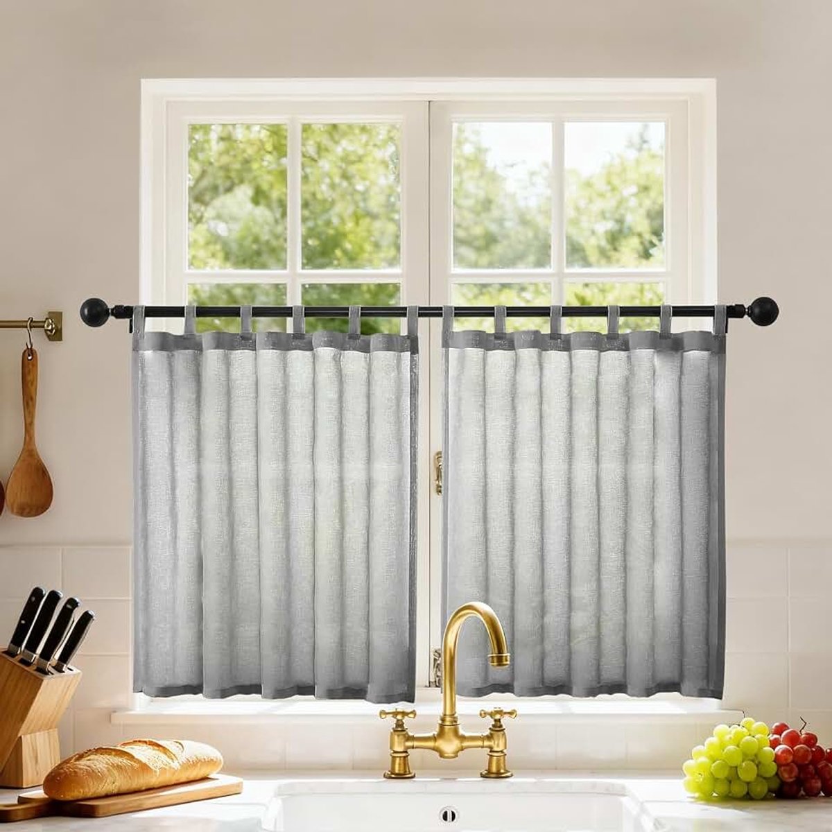 Gordijnen met oogjes, moderne linnenlook, keukengordijnen, set van 2, H 45 x B 90 cm, transparante keukengordijnen, kort, voor woonkamer, camper, landhuisstijl