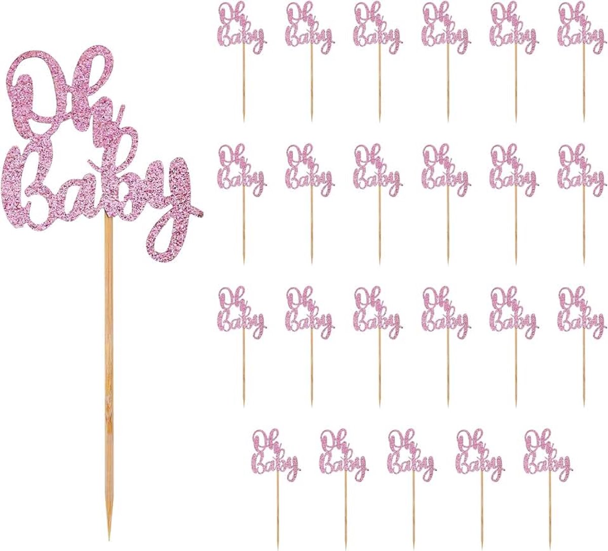 24st Oh Baby Cupcake Toppers, Glitter Baby Shower Cake Topper Feestdecoraties Schattig Cupcake Prikkers Feestbenodigdheden voor Bruiloft Verjaardag Baby Shower Decor (Roze)