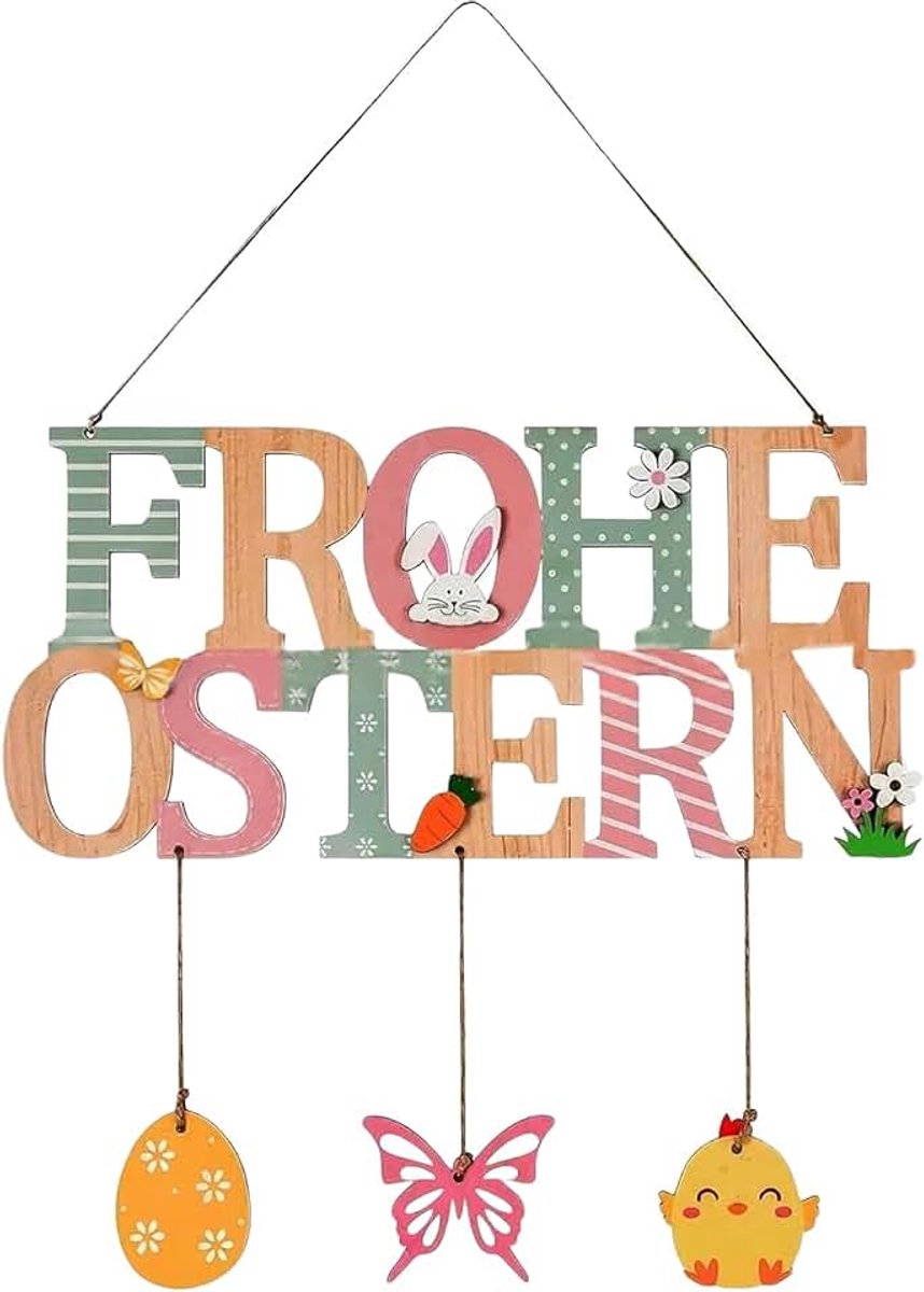 Vrolijk Paasdecoratie, voorjaarsdecoratie, deurbordje Vrolijk Pasen Decoratie, Houten Pasen Deurdecoratie, hangend met letters, haas, bloem, kip, mooie paasdecoratie voor deur of raam
