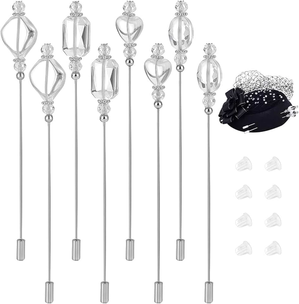 PandaHall 8 stuks 4 stijlen hoedspelden glazen kralen 12 cm hart diamant rechthoekig naaldspeld gefacetteerde parel reversspeld helder ovaal handvat stick speld voor stropdas