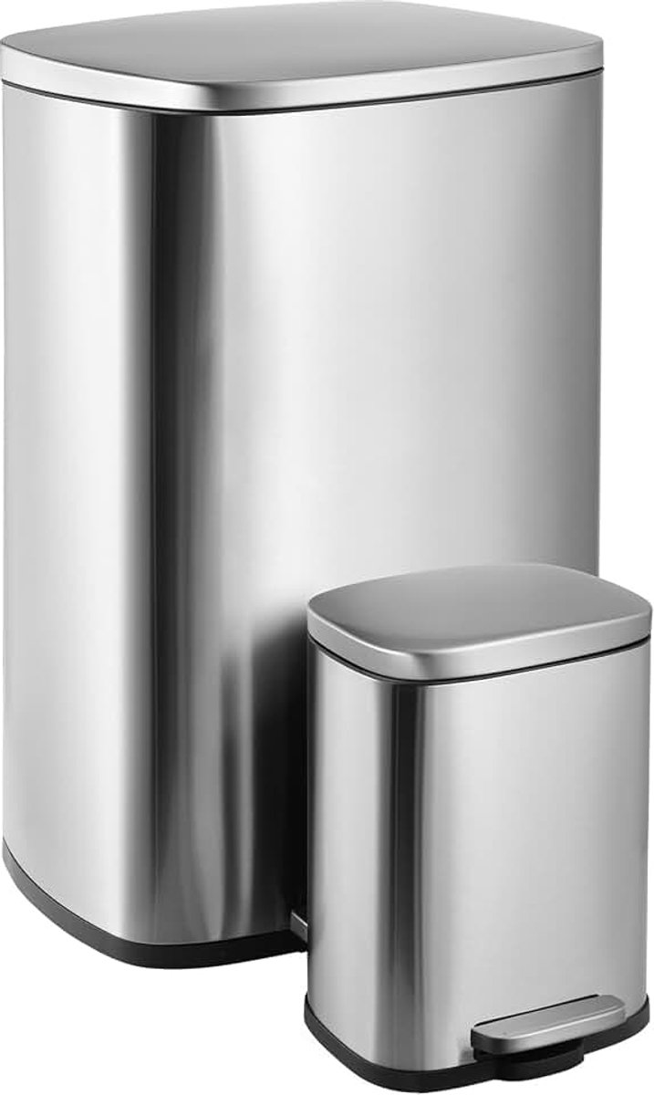 Vuilnisbak 50l + 5L, set van 2 afvalbakken van staal met softclose deksel, uitneembare binnenemmer, geurisolatie, groot en klein pedaalemmer set voor keuken, badkamer, kantoor, zilver