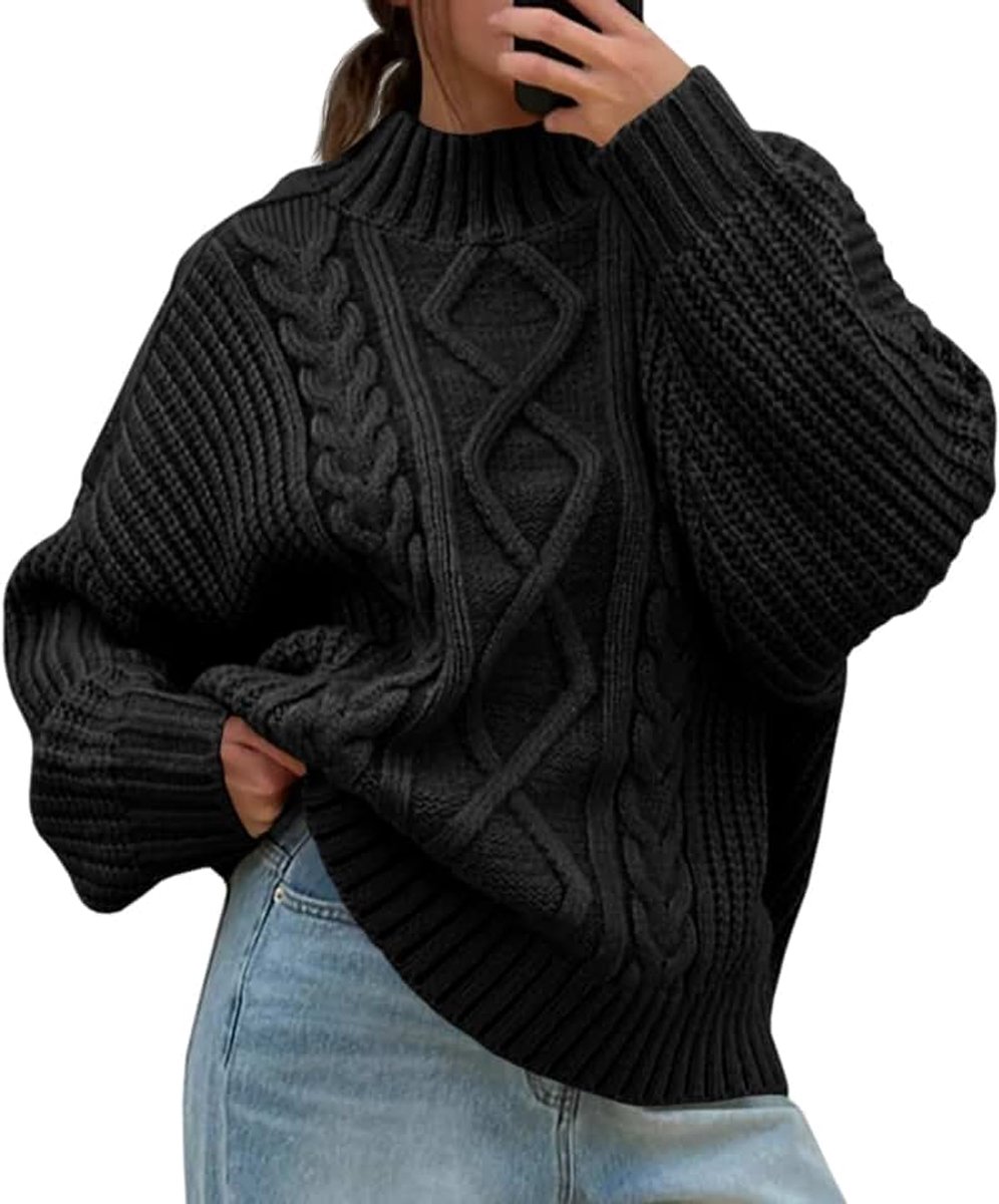 Bela Gebreide trui voor dames, met opstaande kraag, lange mouwen, oversized, knoop, chunky trui, losse pasvorm