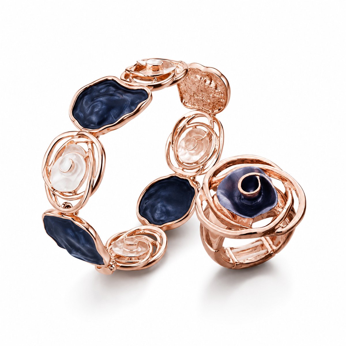 Helin Life Dames Sieradenset – Roos Ring & Armband – Verstelbaar – Roségoud met Donkerblauw – Licht Luxe Design