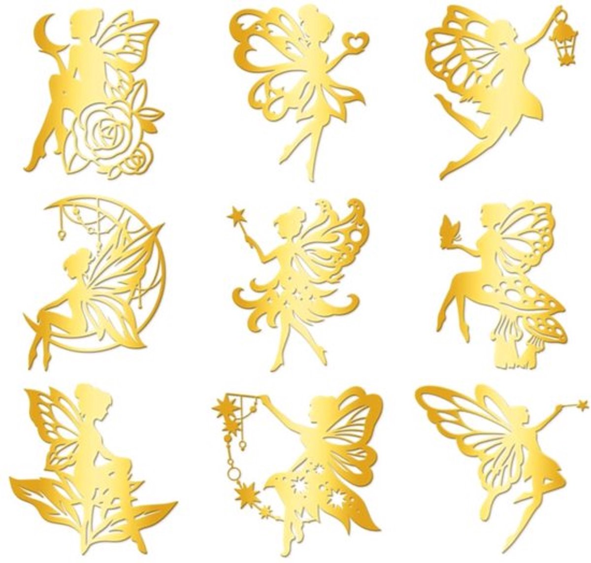 Decoratiestickers 9 Stuks - Gouden Zelfklevende Stickers - Waterdicht - Feeën/Paddenstoelen - Telefoon/Waterflesdecoratie - 4 x 4 cm