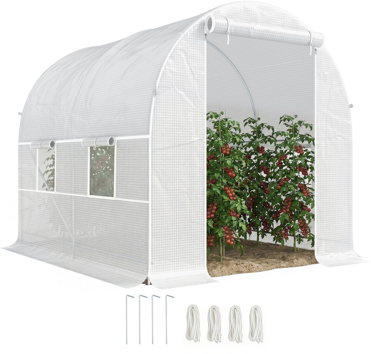 Tuintunnelbroeikas - 5 m² - tuinkas, tunnel - 245 x 200 x 200 cm - met deur en 4 ramen - PE-zeil met hoge dichtheid 140 g/m² - wit