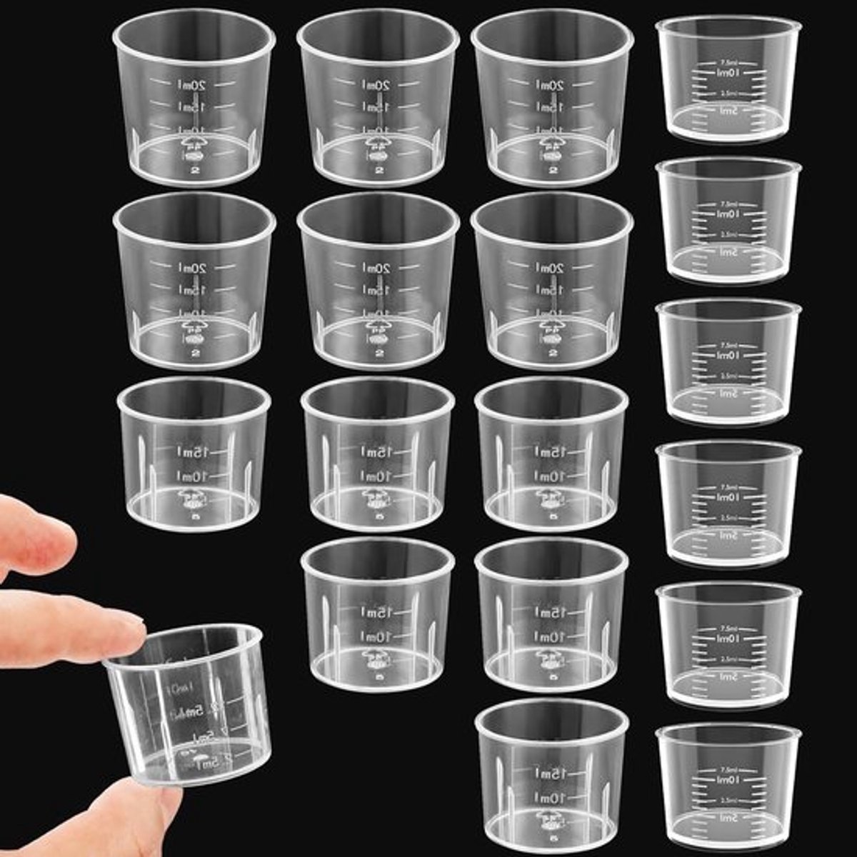 Set van 15 Transparante Mini Maatbekers voor Keuken, Perfect voor Nauwkeurig Afmeten van 10ml, 15ml en 20ml Vloeistoffen met Schaalverdeling