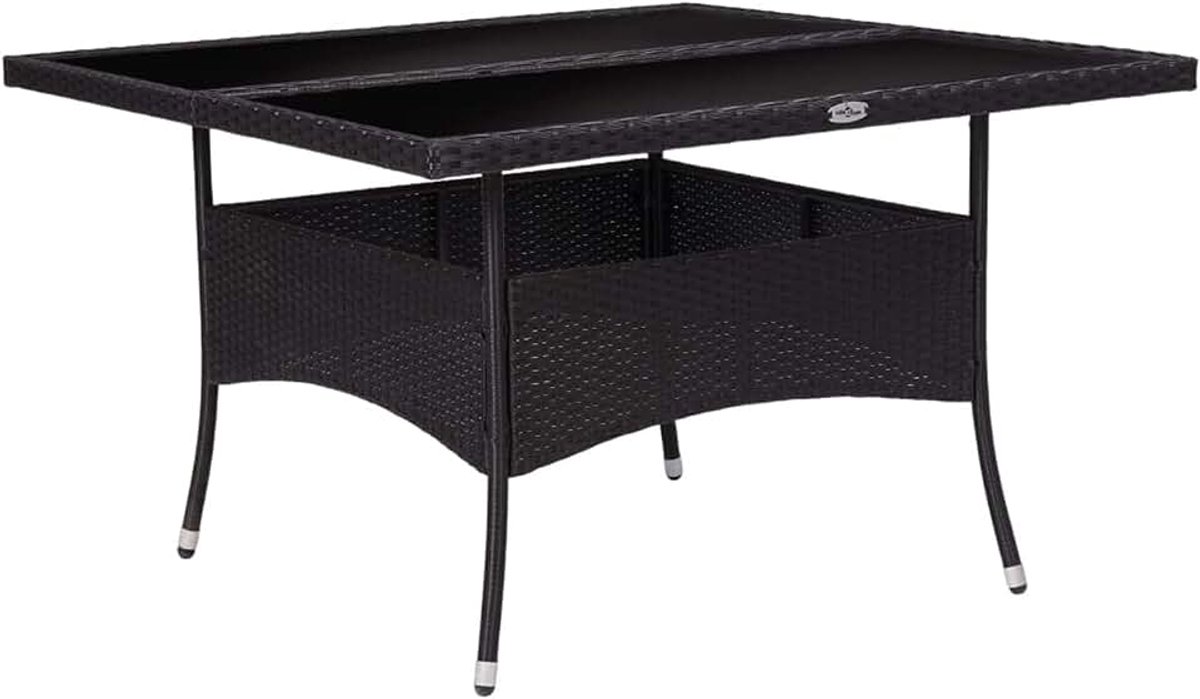 Tuineettafel, tuintafel, salontafel, eettafel, terras, balkon, synthetisch rotan en glas, zwart