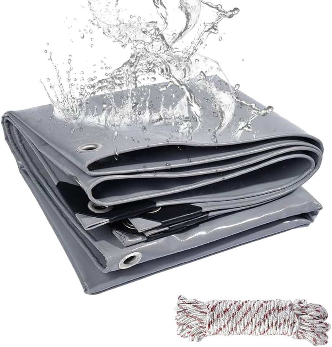Canvas met versterkte ogen, 440 g/m², grijs en waterdicht, met 10 m ankertouw (2×5m)
