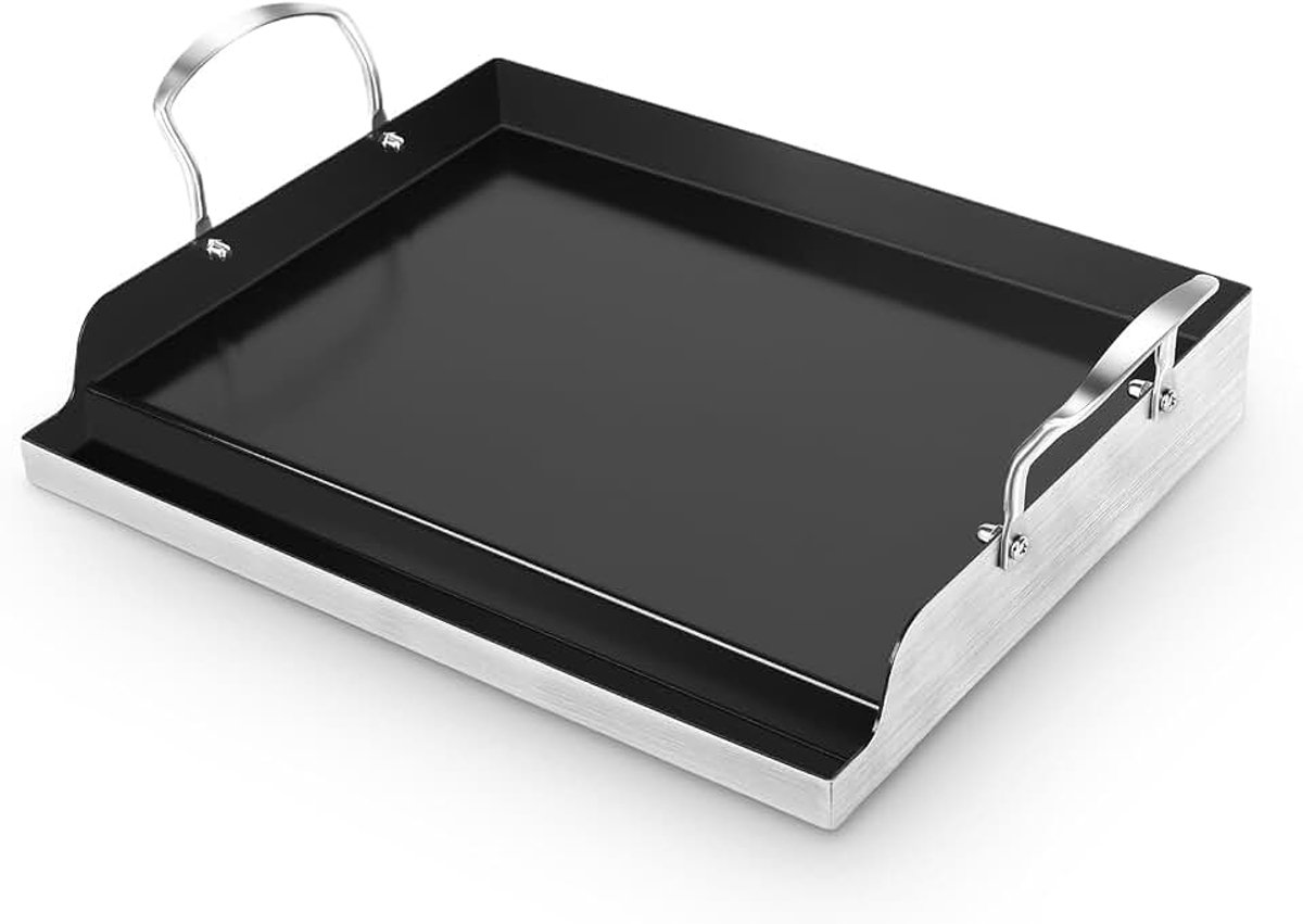 Grillplaat 43 × 33 cm van roestvrij staal met keramische antiaanbaklaag, universele plancha voor gasgrill, houtskoolgrill & fornuis, PFAS-/PFOA-/PTFE-vrij, anti-aanbak-grillplaat, ovenvast tot