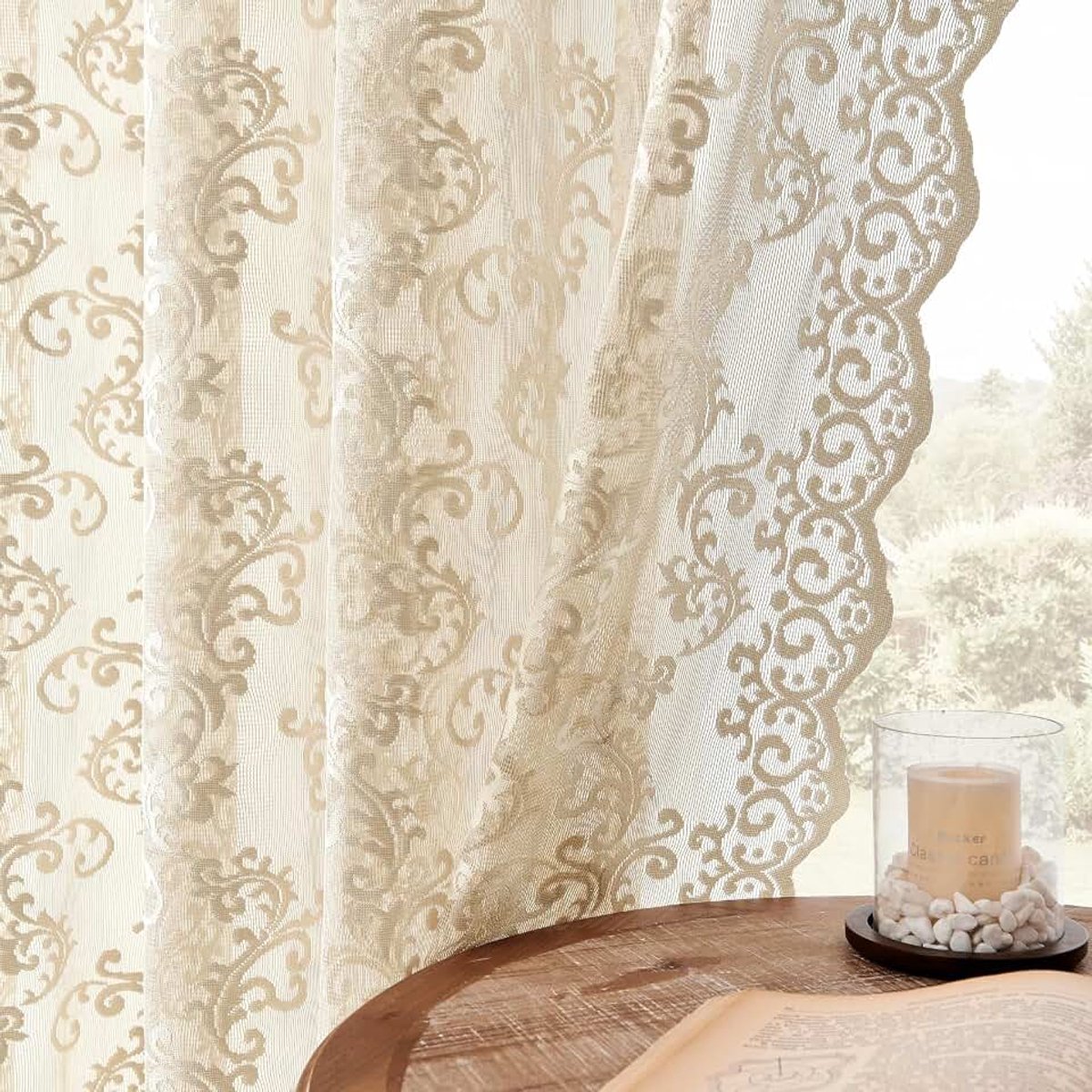 Beige kanten gordijnen 213 cm lang 2 panelen vintage paisley gordijnen voor woonkamer slaapkamer roedezak licht filterende Franse gehaakte gordijnen Victoriaanse doorschijnende gordijnen