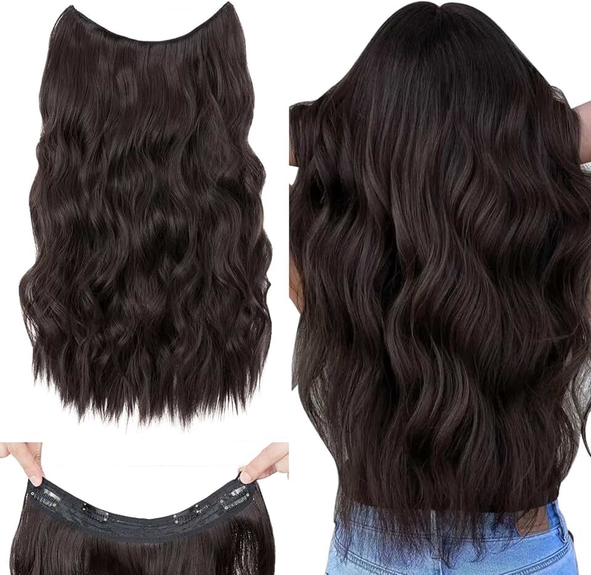 Clip-in extensies met koord, synthetisch, lang golvend haarstukje met elastiek en clip, verstelbare haarverlenging voor vrouwen, donkerbruin, 60 cm