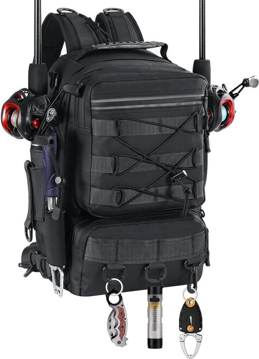 Sling Backpack met Rod & Gear Holder, Waterdichte Visopslagzak voor Kamperen, Hiking en Jagen, Perfect Cadeau voor Vaders, Zwart