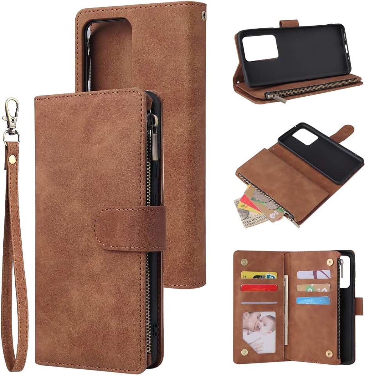 Portemonnee-hoesje voor Samsung Galaxy S20 Ultra, hoogwaardig vintage PU-leder, magnetische sluiting, handtasje met rits, hoesje met kickstand, kaarthouder en polsbandje, TPU schokbestendige