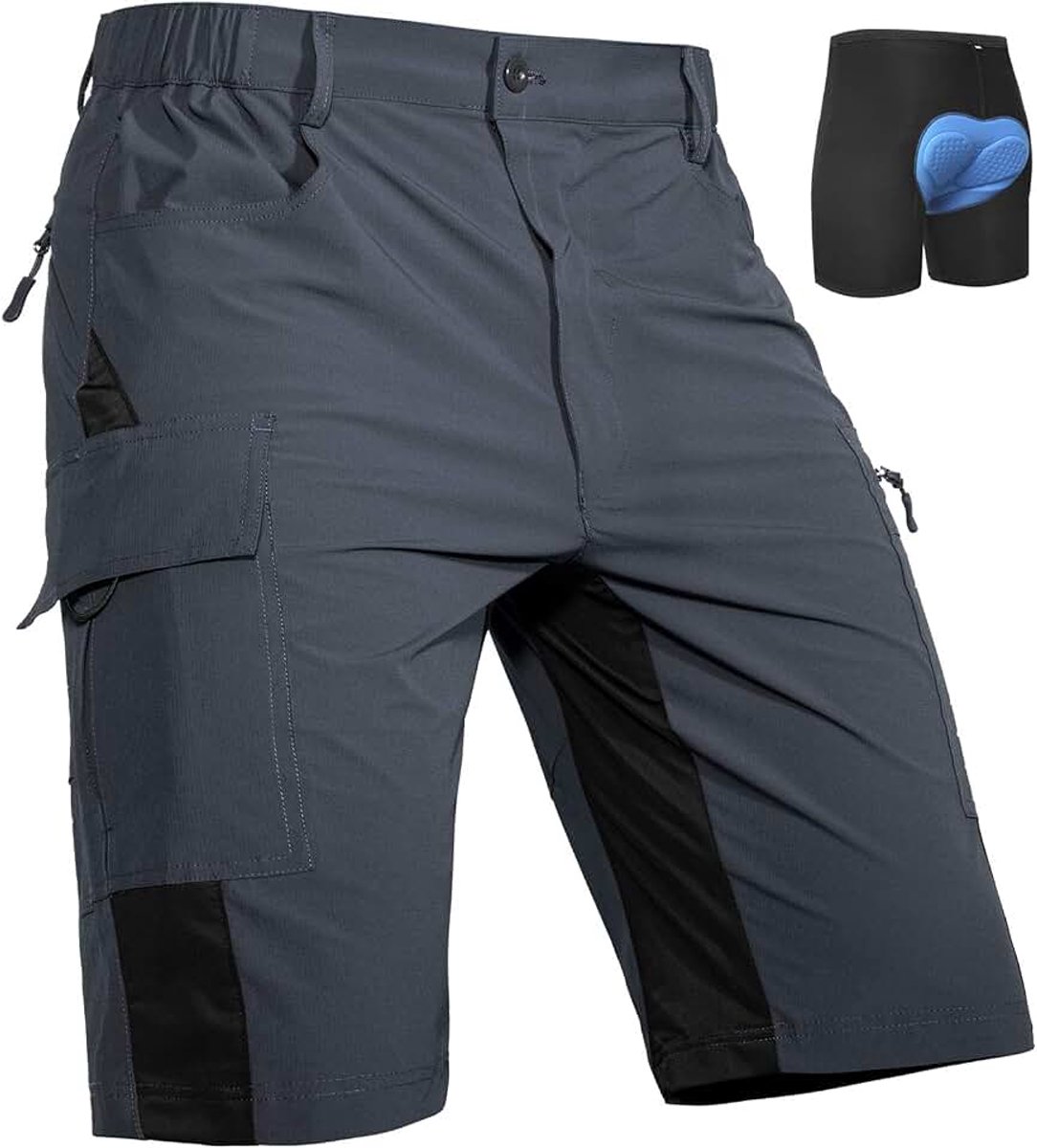 Shorts heren met 4D Gevoerd, ademende, sneldrogende, mountainbikebroek, MTB-short, mountainbikeshort, fietsbroek (Grijs, M)
