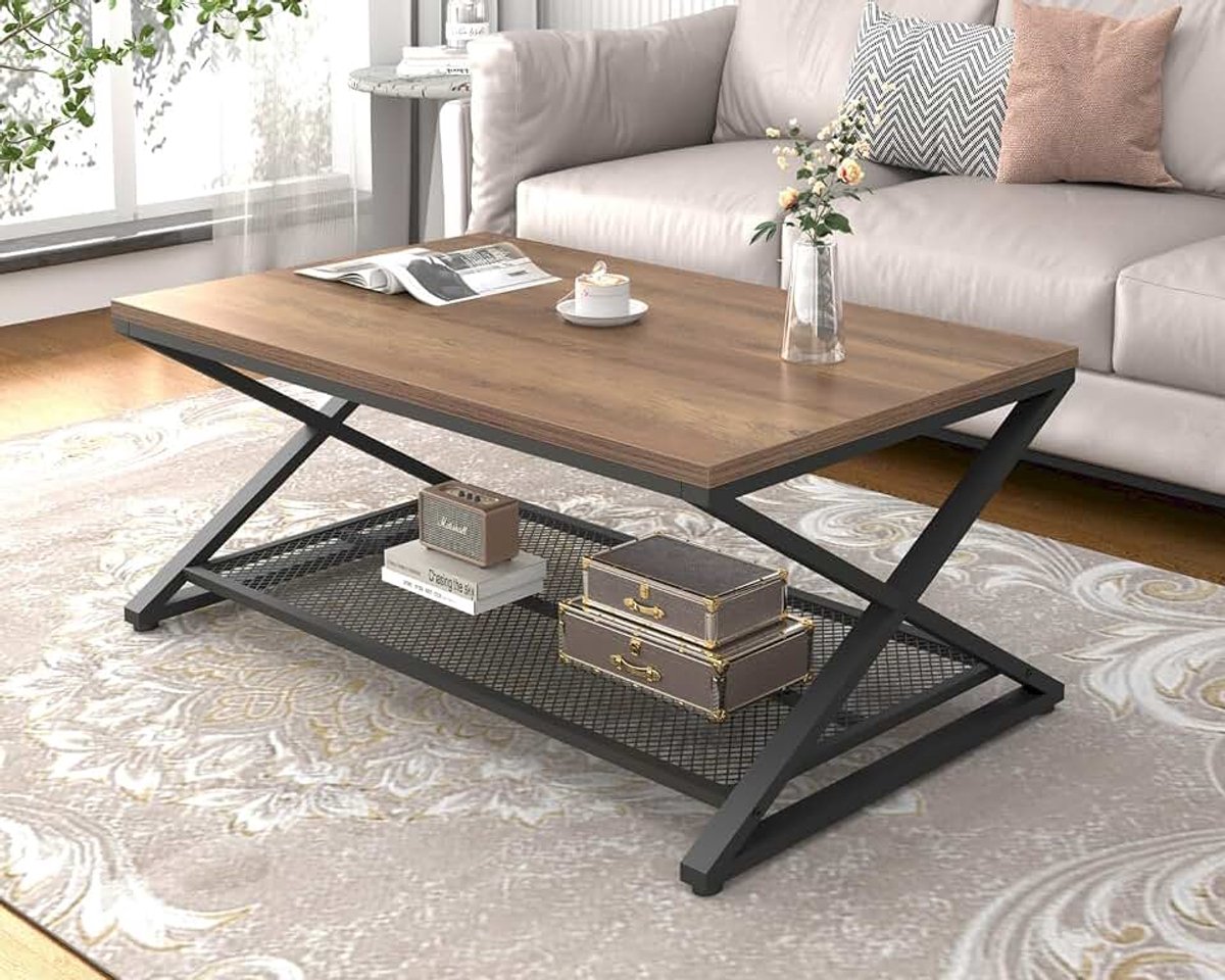Salontafel, hout, woonkamertafel, salontafel met opbergruimte, salontafel, bijzettafel, hout, metaal, woonkamermeubels, stabiele salontafels, rechthoekig, klein, 100 x 60 x 45 cm