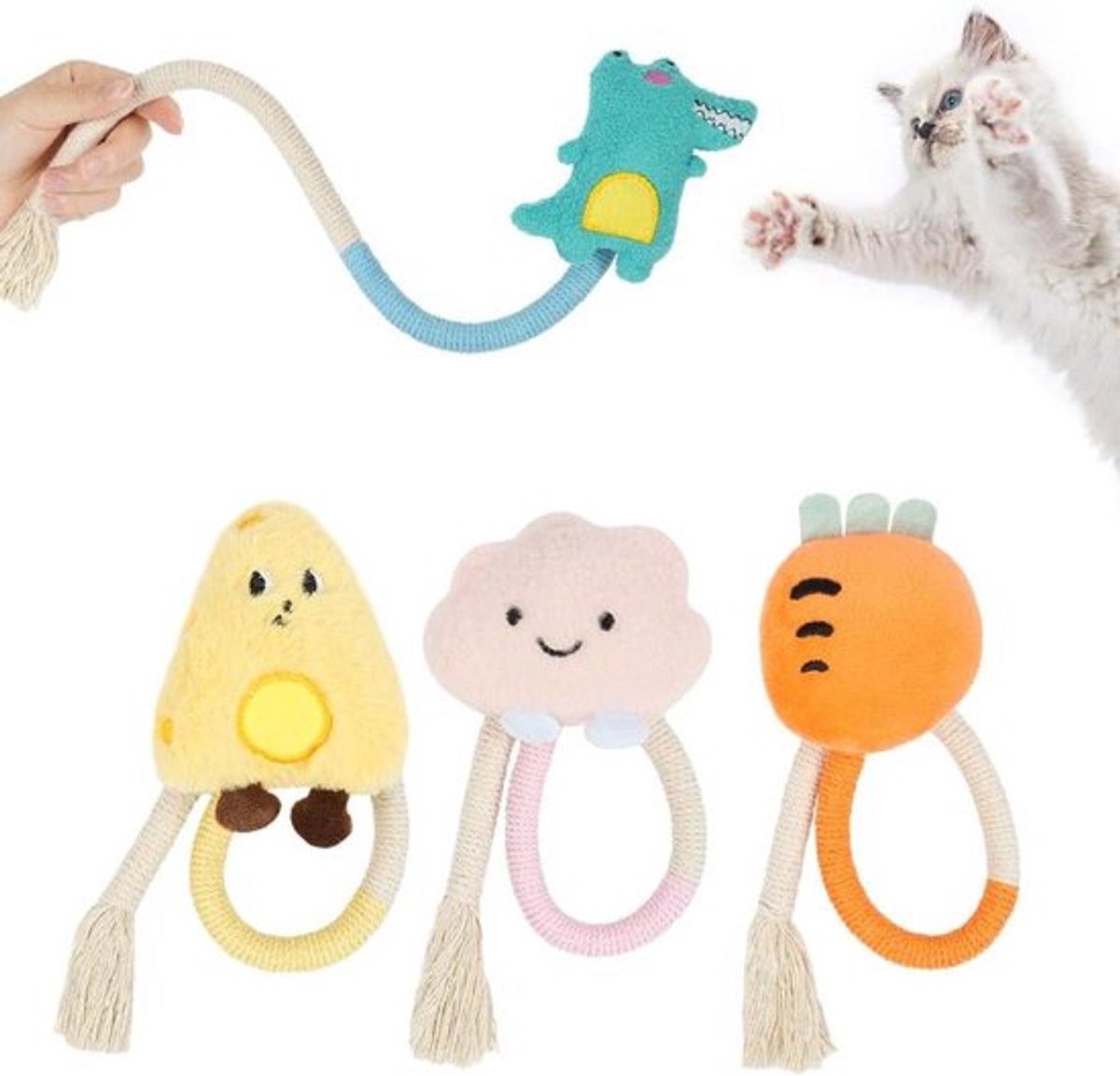 Katoenen touw tanden reinigingsspeelgoed voor katten - 4 stuks, tandverzorging en frisse adem