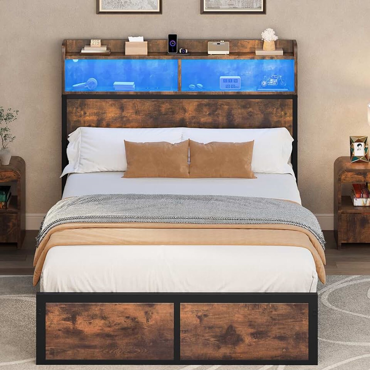 Bedframe met led, met hoofdeinde, USB-poorten en laaduitgangen, metalen platform, bedframe met 2 planken, geen matras nodig, bruin, 200 x 140 cm