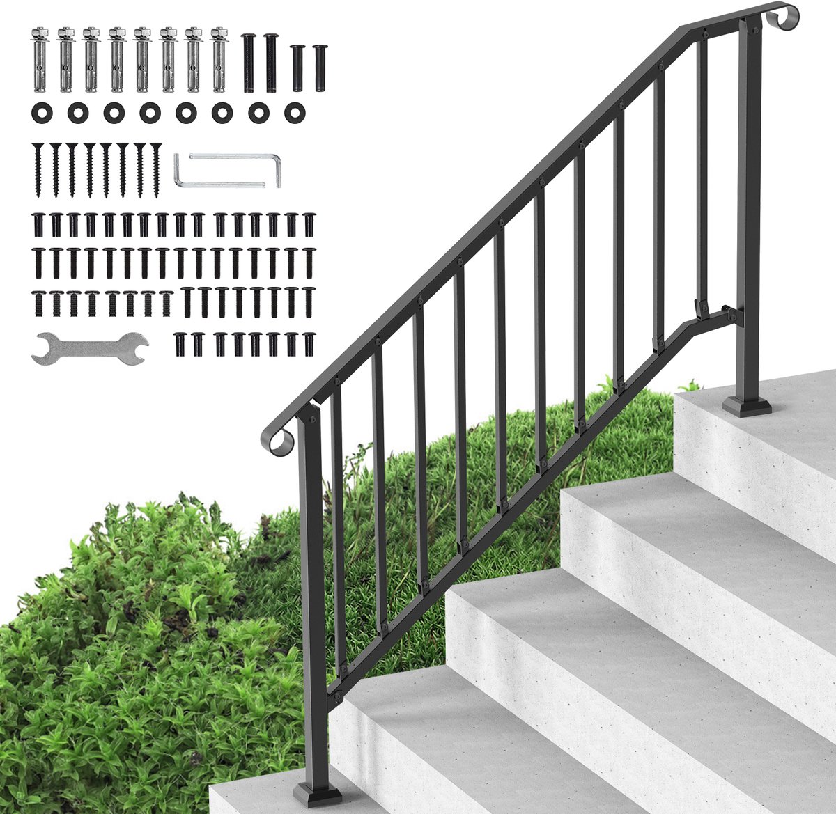 VEVOR Leuningen voor Buitentrappen, 5-Delige Trapleuningset, Overgangsleuning van Koolstofstaal met Montageset, Trapleuning voor Senioren, Betonnen Treden, Veranda en Terras, Zwarte Retro Boog