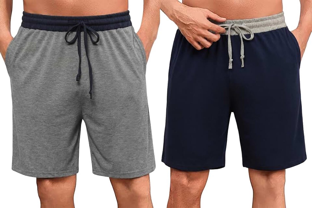 Pyjamashorts voor heren, 2 stuks, zomer, katoen, met zakken, elastische tailleband, comfortabel, S-4XL