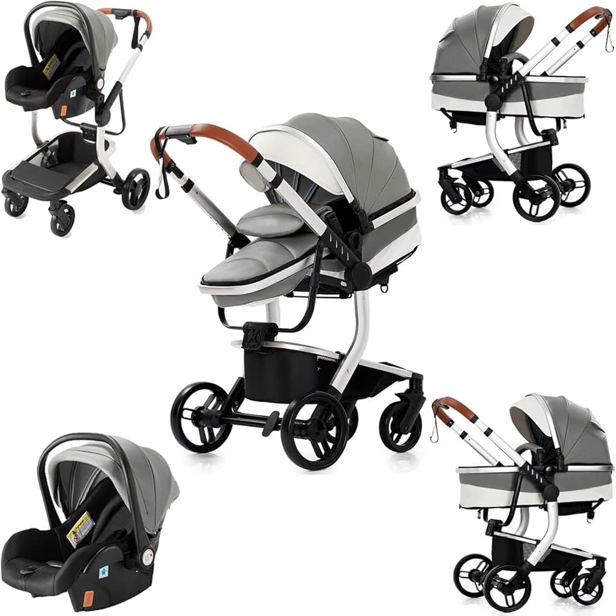 ZC Kinderwagen van PU-leer, 3-in-1, 3-delig, opvouwbaar, comfortabel met één klik, met dubbele duwmodus, omkeerbaar, 3-delig, hoog landschap (518 grijs)