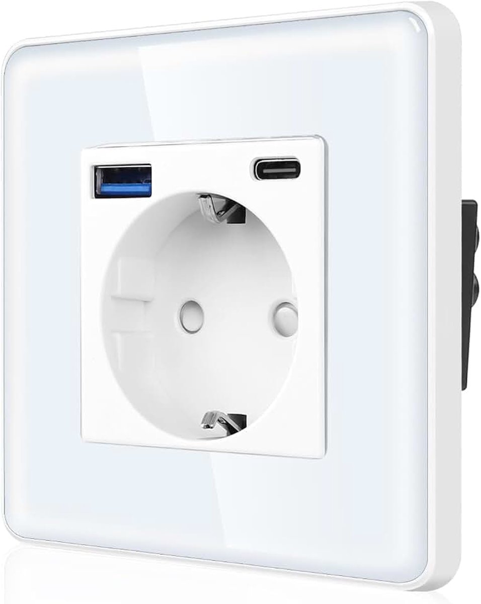 Enkel stopcontact met 2 x USB-poort (max. 2,1 A, type C en USB-A) - eenvoudig Schuko-stopcontact inbouw met 2,5D gebogen glazen plaat - wandcontactdoos met kinderbeveiliging - 1 vak wit