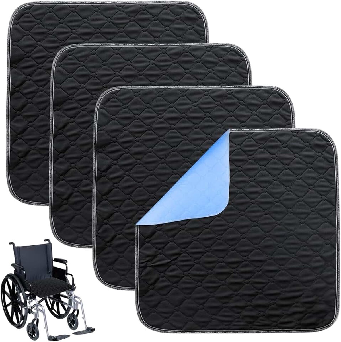 4 stuks wasbare incontinentie-stoelkussens, incontinentie-onderlegger, wasbaar, 50 x 50 cm, waterdicht, absorberend, sterk voor rolstoel, auto, bank, zwart