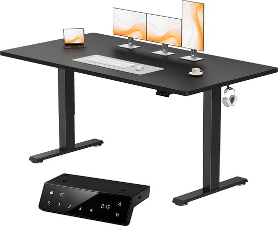 Zwart verstelbaar bureau met extra bedieningspaneel.