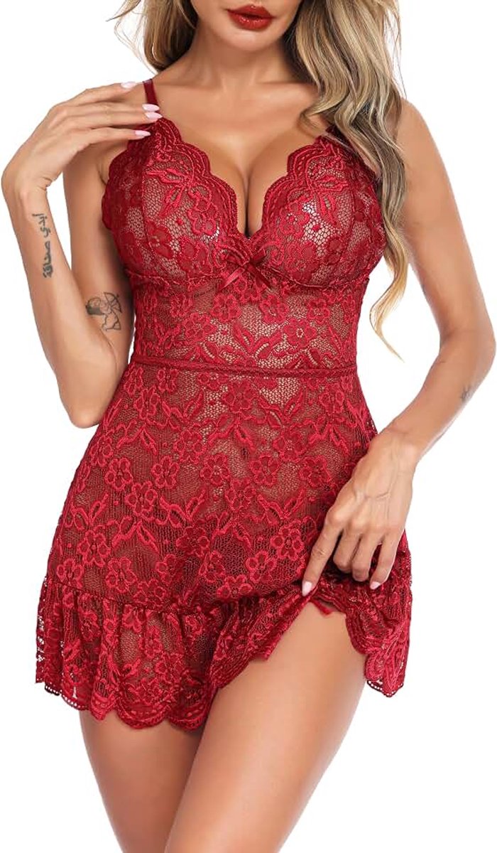 Sexy dameslingerie van bloemenkant, babydoll, kort, verstelbare bandjes, nachthemd, V-hals, mouwloos, babydoll met string