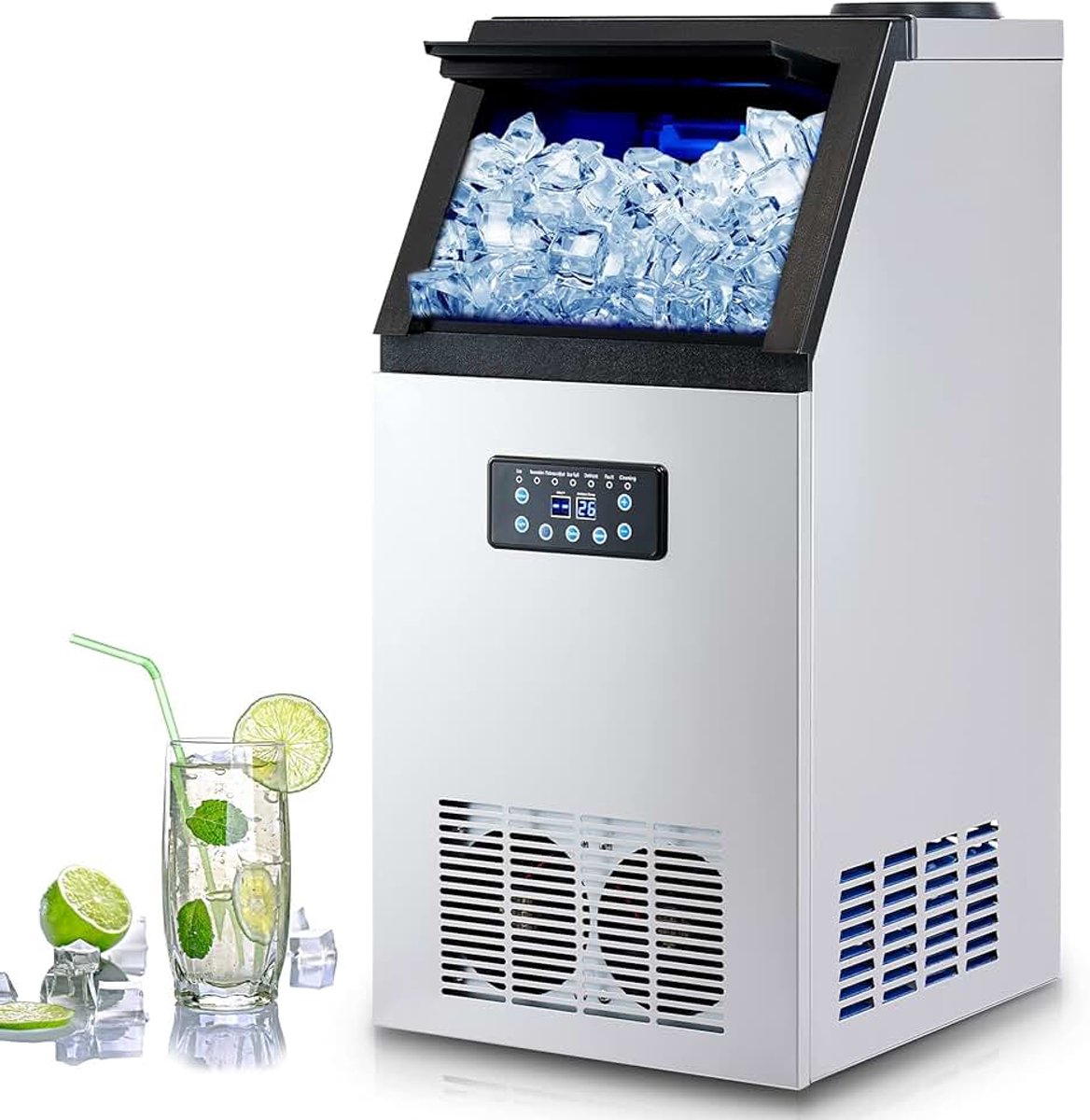 Commerciële ijsblokjesmaker machine 41 kilo/dag, Industriële automatische ijsblokjesmachine, RVS, ijsopslag 10 kilo, 45-ijsblokjes auto clean voor thuis, kantoor, restaurant, bar, café