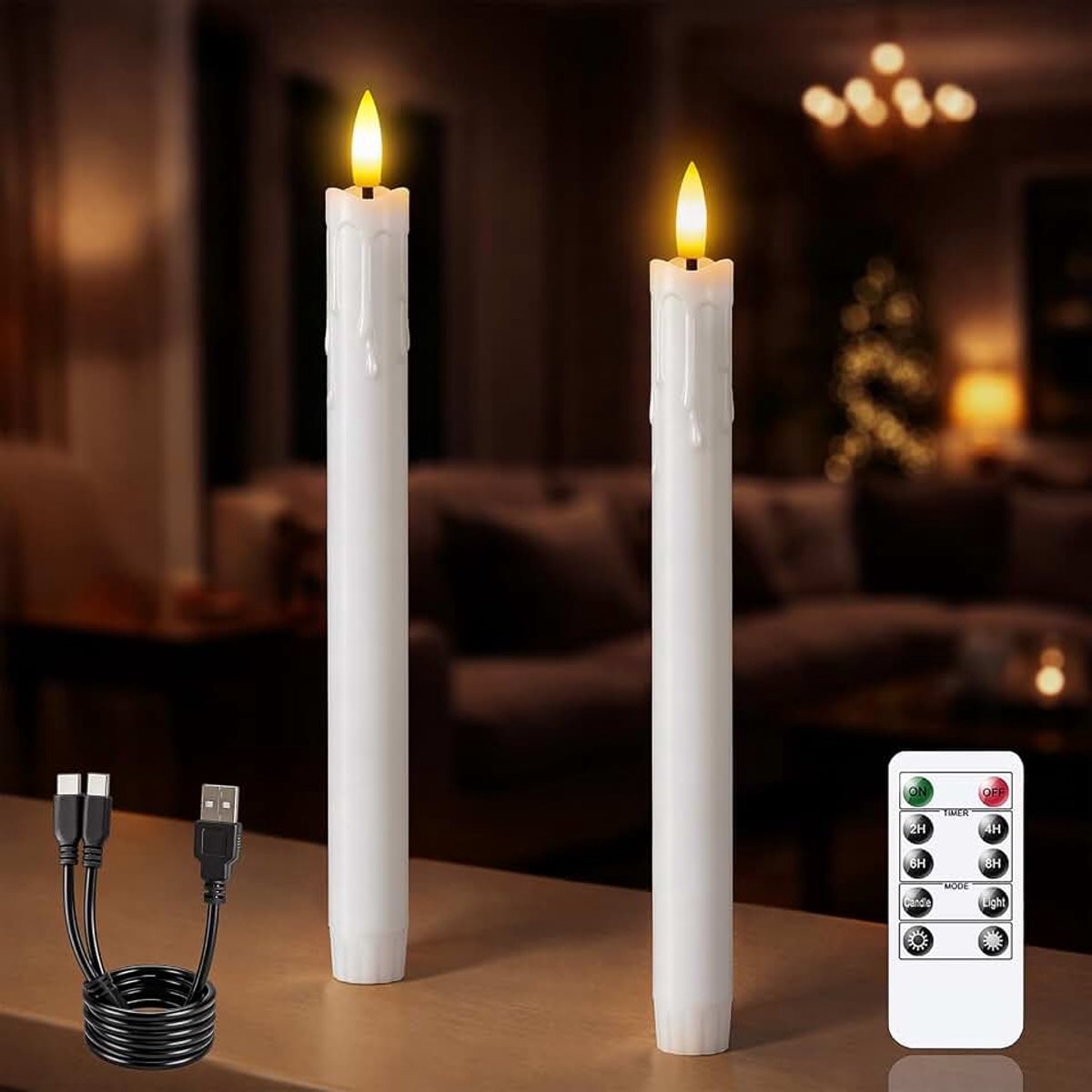 Vlamloze timer afstandsbediening taper kaarsen, 2 stks 0,87 inch x10 inch LED flikkerende druipende wax venster hoge nep witte plastic kandelaars