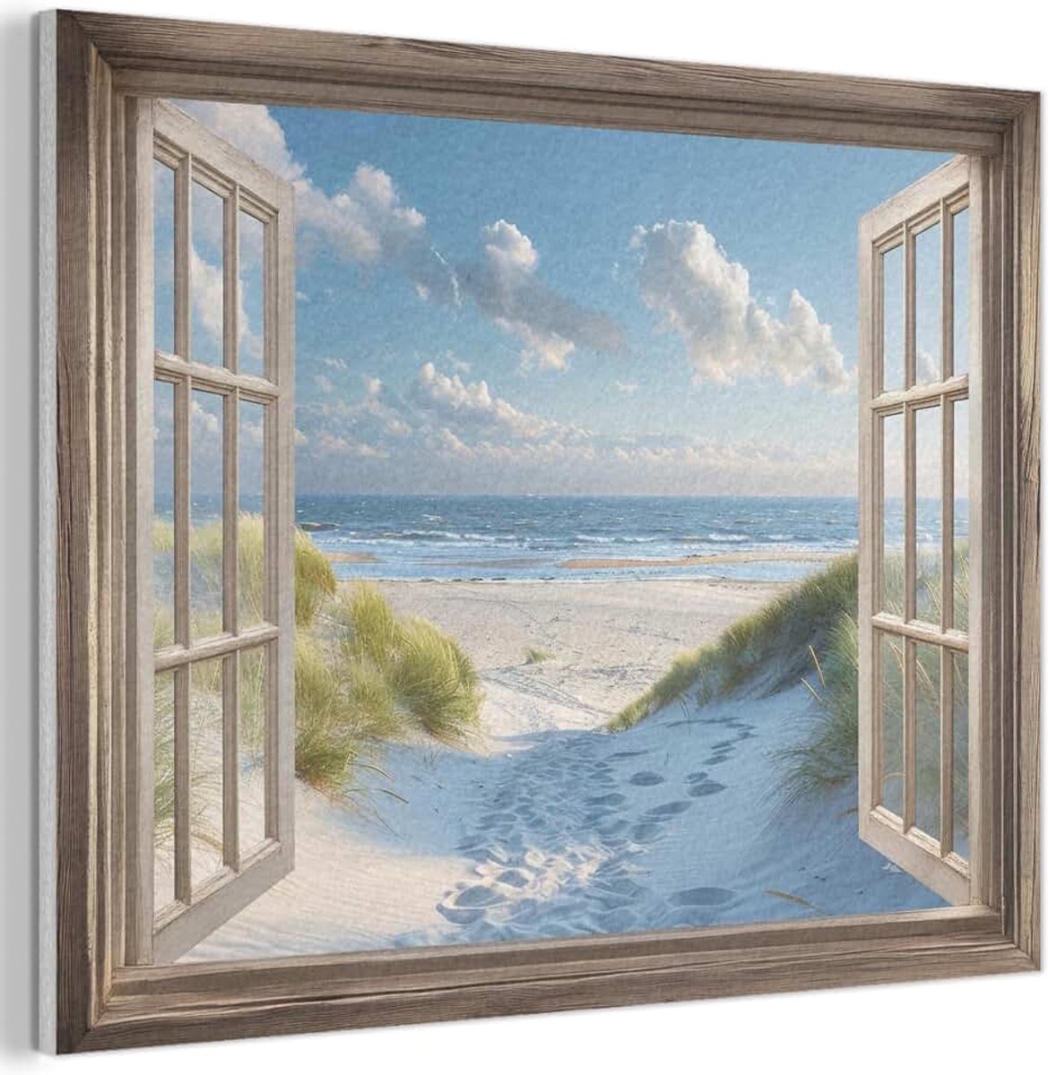 Vilten Wanddecoratie 80x60 cm Kamer Decoratie Woonkamer Slaapkamer Room Decor Wanddeco Felt Wall Art Strand - Raam - Doorkijk - Duinen - Zee