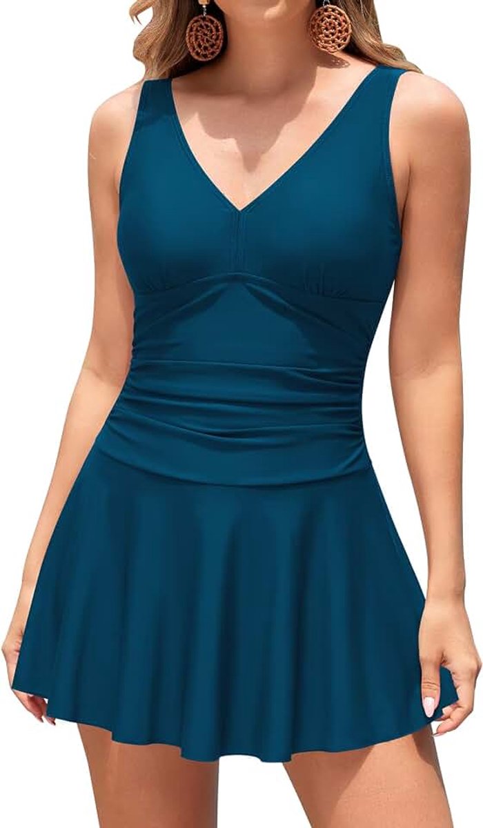Dames Badpak Jurk V-hals retro Abdominale Controle Klassiek ruched Badmode Mode Eendelige Badjurk | Buikcontrole, brede bandjes, gekruiste rug, vulling, ruches