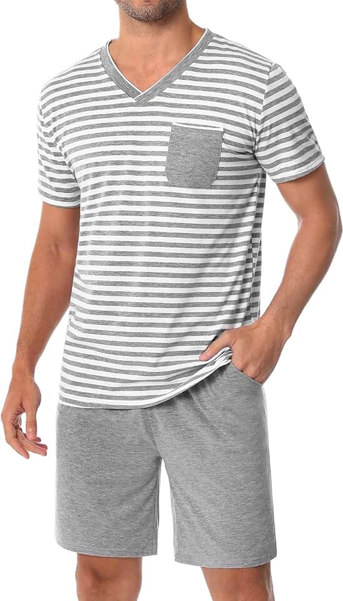 Pyjama voor heren, van katoen met contrasterende strepen, zomerpyjamaset, bovendeel en korte broek, vader en partner, groen, L