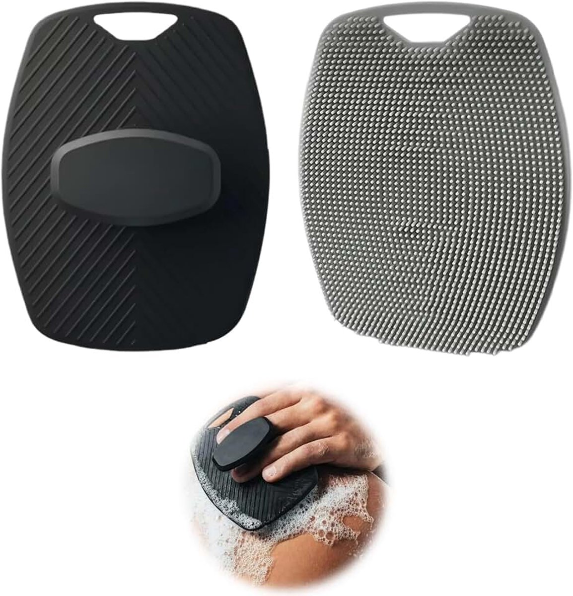 2 stuks siliconen bodyscrubber, siliconen bodyscrubber, premium doucheborstel voor de gevoelige huid, zachte exfoliërende luffa met gemakkelijk schuimende haren, reinigingsborstel (zwart en grijs)