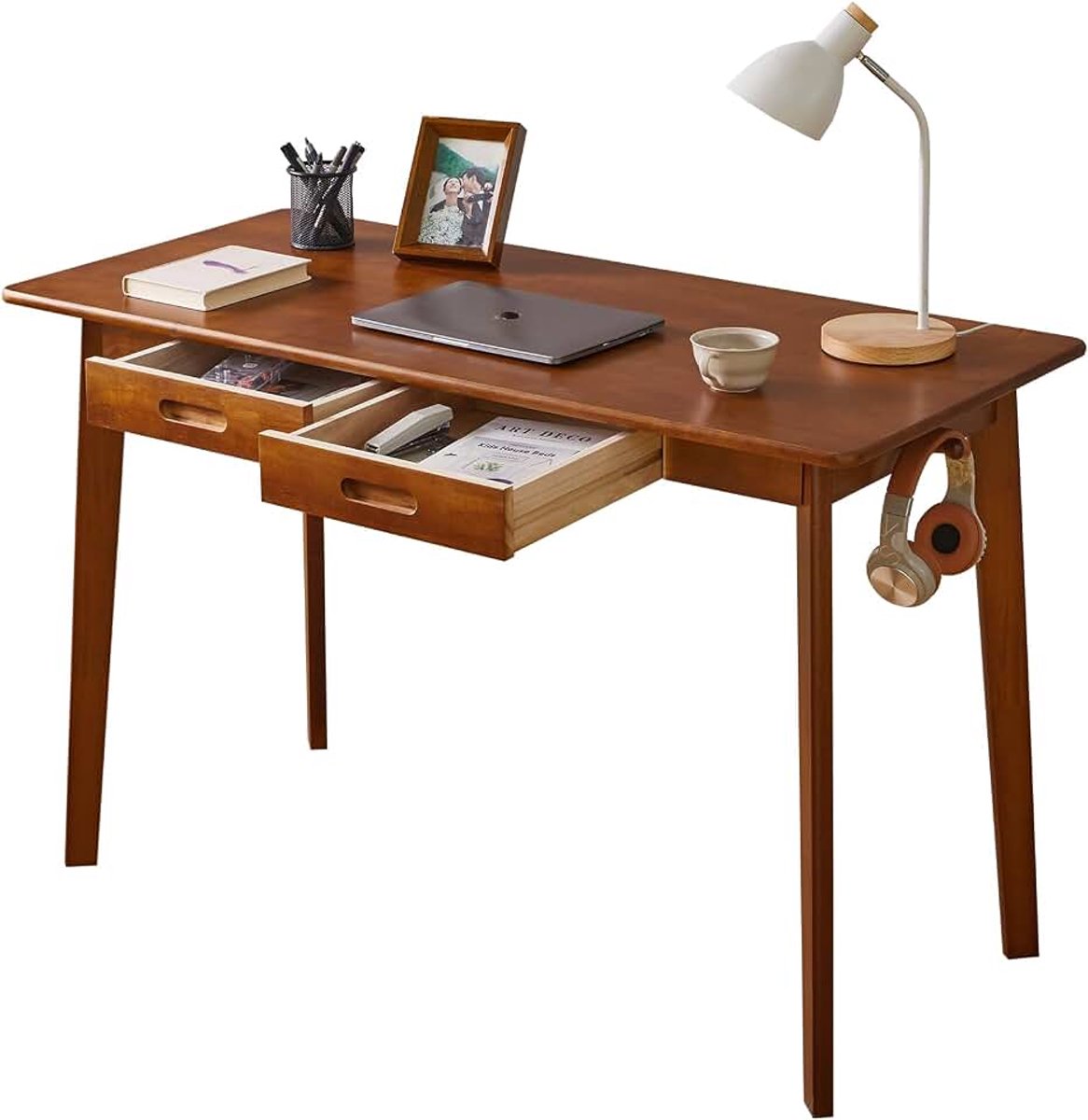 Massief houten bureau met laden, 120 cm computerbureau, eettafel voor thuiswerk, bruin YD-WD03H