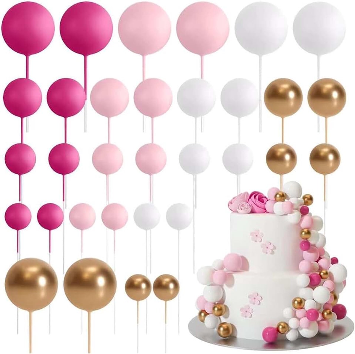 Eetbare taartdecoraties, 32 taartdecoratieballen voor verjaardagsfeesten en bruiloften, taartdecoratie-plugins