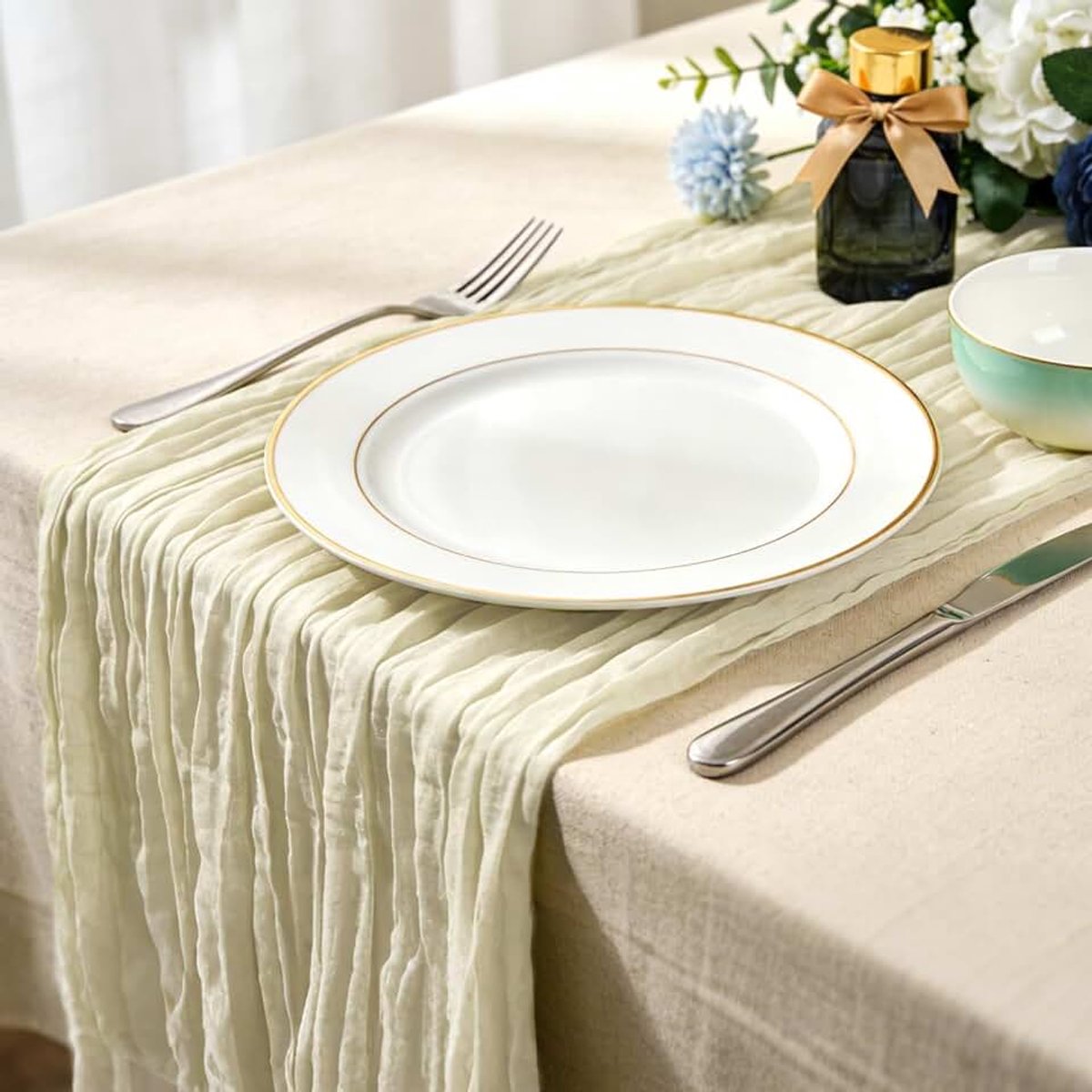 Tafelloper 90 x 300 cm, Boheemse gaasstof rustieke loper voor bruiloften, feesten & feestdagen decoratie (Natuurwit - #15)