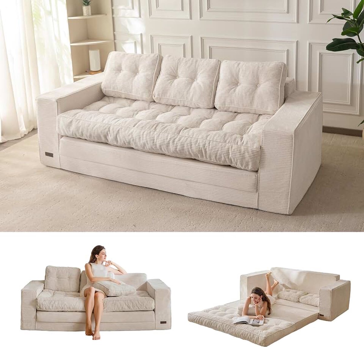 Vloerbank, Slaapbank, 190 cm Breed, Met Kussen, 2-in-1 Inklapbaar Corduroy 3-zits Met Slaapfunctie, Ligoppervlak 101 x 196 cm, voor Woonkamer, Slaapkamer, Lounge